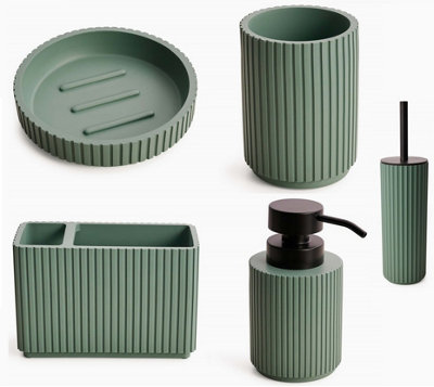 Textured 5 Pcs Dish Toothbrush Dispenser Tumbler Toilet Brush Holder Set - Green