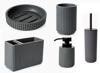 Textured 5 Pcs Dish Toothbrush Dispenser Tumbler Toilet Brush Holder Set - Grey