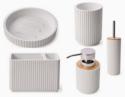 Textured 5 Pcs Dish Toothbrush Dispenser Tumbler Toilet Brush Holder Set - White