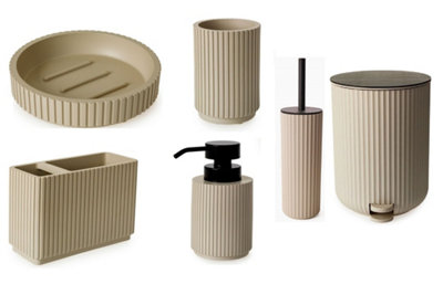 Textured 6 Pcs Dish Toothbrush Dispenser Tumbler Brush & Bin Set - Almond