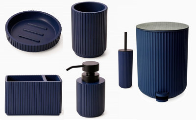 Textured 6 Pcs Dish Toothbrush Dispenser Tumbler Brush & Bin Set - Blue