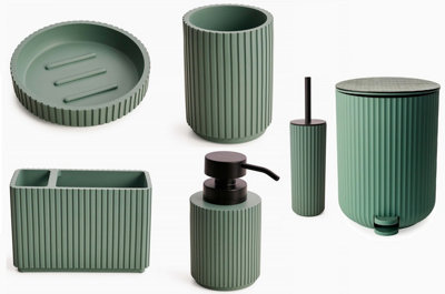 Textured 6 Pcs Dish Toothbrush Dispenser Tumbler Brush & Bin Set - Green