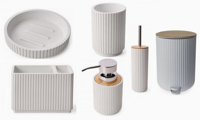 Textured 6 Pcs Dish Toothbrush Dispenser Tumbler Brush & Bin Set - White