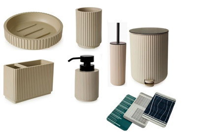 Textured 7 Pcs Dish Toothbrush Dispenser Tumbler Brush Bin & Mat - Almond