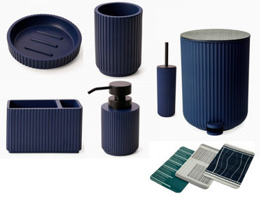 Textured 7 Pcs Dish Toothbrush Dispenser Tumbler Brush Bin & Mat - Blue