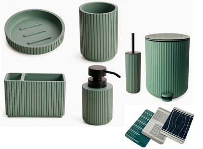 Textured 7 Pcs Dish Toothbrush Dispenser Tumbler Brush Bin & Mat - Green