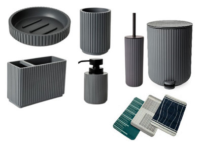 Textured 7 Pcs Dish Toothbrush Dispenser Tumbler Brush Bin & Mat - Grey
