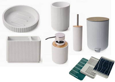 Textured 7 Pcs Dish Toothbrush Dispenser Tumbler Brush Bin & Mat - White