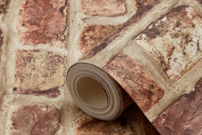 Close up of a roll of brick effect wallpaper.
