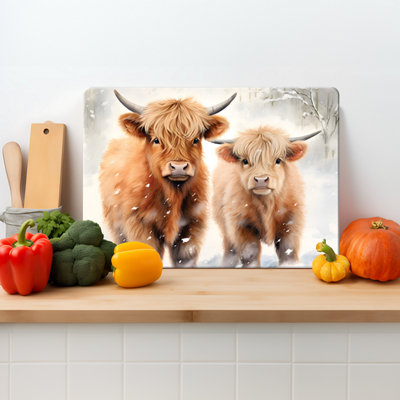 Textured Glass Chopping Board Highland Cows Design - Medium