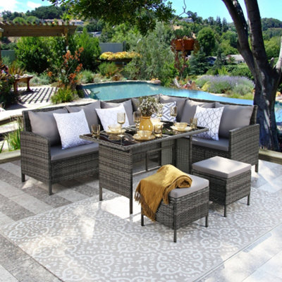 Thalia Grey- Rattan Corner Sofa Set & Moon outdoor rug