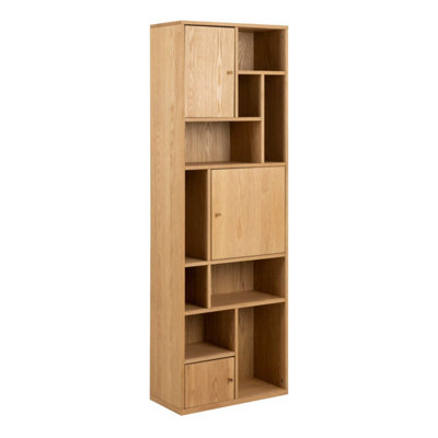 Thallo Narrow Oak Wood 3 Door Multi Level Bookcase
