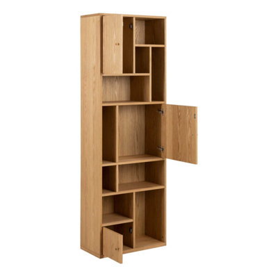 Thallo Narrow Oak Wood 3 Door Multi Level Bookcase