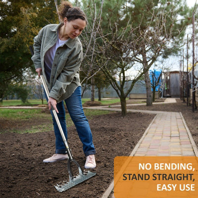 Thatch Rake Stainless Steel Curved Tip Teeth Lawn Rake for Leaves Garden