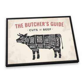 The Butcher's Cuts Guide Beef Beige CANVAS FLOATER FRAME Wall Art Print Picture Black Frame (H)30cm x (W)46cm