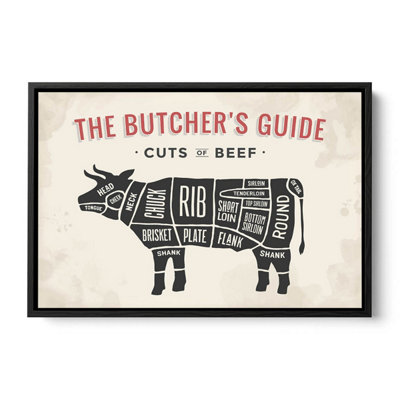 The Butcher's Cuts Guide Beef Beige CANVAS FLOATER FRAME Wall Art Print Picture Black Frame (H)51cm x (W)76cm