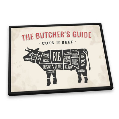 The Butcher's Cuts Guide Beef Beige CANVAS FLOATER FRAME Wall Art Print Picture Black Frame (H)61cm x (W)91cm