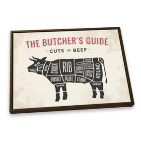 The Butcher's Cuts Guide Beef Beige CANVAS FLOATER FRAME Wall Art Print Picture Brown Frame (H)51cm x (W)76cm