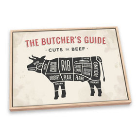The Butcher's Cuts Guide Beef Beige CANVAS FLOATER FRAME Wall Art Print Picture Light Oak Frame (H)20cm x (W)30cm