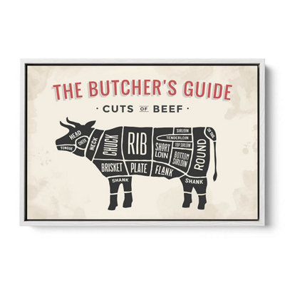 The Butcher's Cuts Guide Beef Beige CANVAS FLOATER FRAME Wall Art Print Picture White Frame (H)41cm x (W)61cm