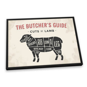 The Butcher's Cuts Guide Lamb Beige CANVAS FLOATER FRAME Wall Art Print Picture Black Frame (H)30cm x (W)46cm