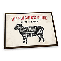 The Butcher's Cuts Guide Lamb Beige CANVAS FLOATER FRAME Wall Art Print Picture Brown Frame (H)20cm x (W)30cm