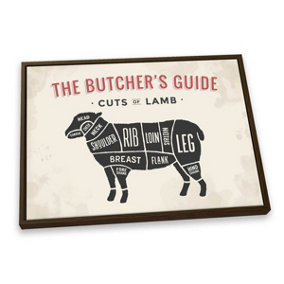 The Butcher's Cuts Guide Lamb Beige CANVAS FLOATER FRAME Wall Art Print Picture Brown Frame (H)30cm x (W)46cm