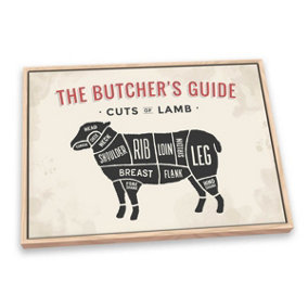 The Butcher's Cuts Guide Lamb Beige CANVAS FLOATER FRAME Wall Art Print Picture Light Oak Frame (H)20cm x (W)30cm