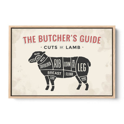 The Butcher's Cuts Guide Lamb Beige CANVAS FLOATER FRAME Wall Art Print Picture Light Oak Frame (H)61cm x (W)91cm