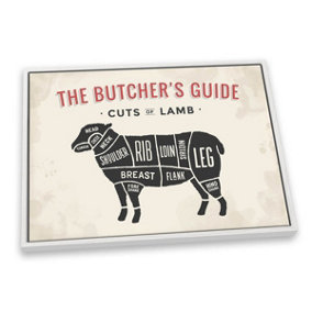 The Butcher's Cuts Guide Lamb Beige CANVAS FLOATER FRAME Wall Art Print Picture White Frame (H)20cm x (W)30cm