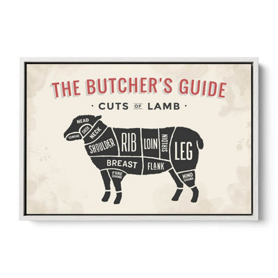 The Butcher's Cuts Guide Lamb Beige CANVAS FLOATER FRAME Wall Art Print Picture White Frame (H)41cm x (W)61cm