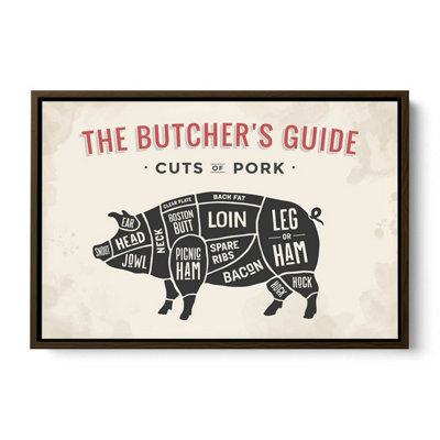 The Butcher's Cuts Guide Pork Beige CANVAS FLOATER FRAME Wall Art Print Picture Brown Frame (H)30cm x (W)46cm