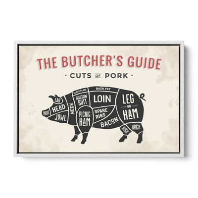 The Butcher's Cuts Guide Pork Beige CANVAS FLOATER FRAME Wall Art Print Picture White Frame (H)61cm x (W)91cm