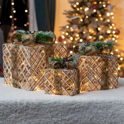 Set Of 3 Lighted Christmas Gifting Boxes – LED Present Box Ornaments, 7.8" Each, Warm White Lights, Battery-Operated Indoor/Outdoor Holiday Decor (Gold)