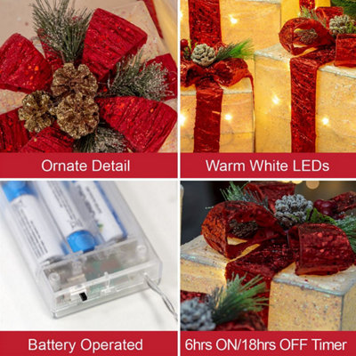 The Christmas Workshop 70749 Set of 3 Light-Up Christmas Boxes With 65 LED's & Red Bow