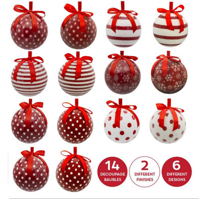 The Christmas Workshop 70889 Set of 14 Red & White Snowflake Christmas Baubles 