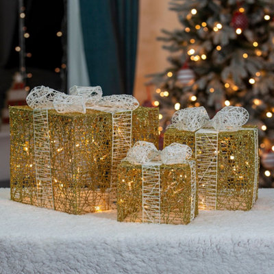 The Christmas Workshop 70989 Set of 3 Light-Up Christmas Boxes With 65 LED's & Gold & White Bow