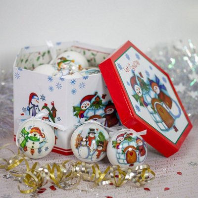 The Christmas Workshop 71580 Set of 14 White Coloured Cartoon Snowman Design Christmas Baubles 