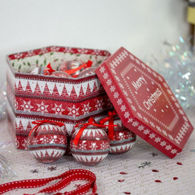 The Christmas Workshop 73750 Set of 14 Red & White Coloured Nordic Design Christmas Baubles 