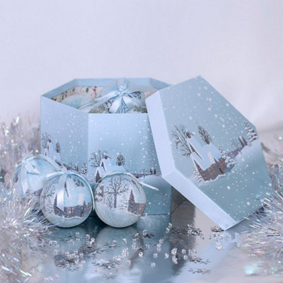 The Christmas Workshop 82780 Set of 14 Blue & White Snow Village Design Christmas Baubles 