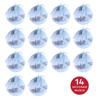 The Christmas Workshop 82780 Set of 14 Blue & White Snow Village Design Christmas Baubles - 3