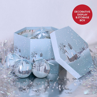 The Christmas Workshop 82780 Set of 14 Blue & White Snow Village Design Christmas Baubles - 4