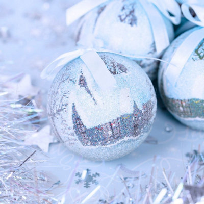 The Christmas Workshop 82780 Set of 14 Blue & White Snow Village Design Christmas Baubles - 6
