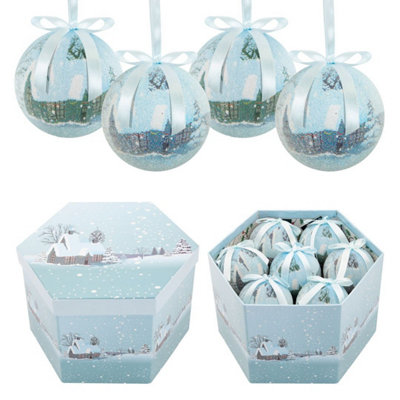The Christmas Workshop 82780 Set of 14 Blue & White Snow Village Design Christmas Baubles - 7