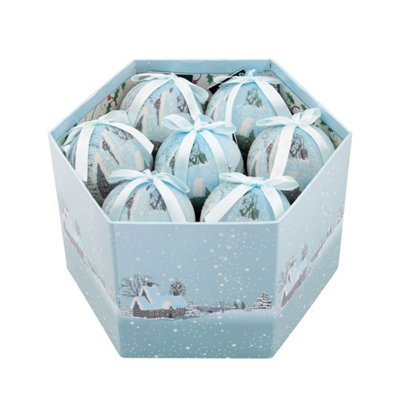 The Christmas Workshop 82780 Set of 14 Blue & White Snow Village Design Christmas Baubles - 8