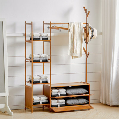 The Floor-standing Simple Bamboo Clothing Rack is Equipped with Storage ...