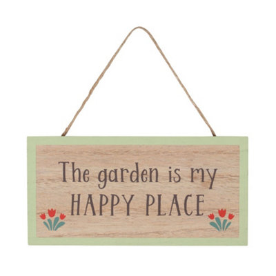 The Garden is my Happy Place Garden Hanging Sign. H10 x W20 cm DIY at B&Q