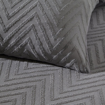 The Linen Yard Chevron Tuft Double Duvet Cover Set, Cotton, Charcoal