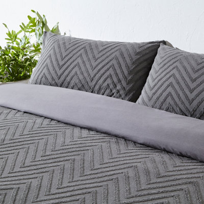 The Linen Yard Chevron Tuft King Duvet Cover Set, Cotton, Charcoal