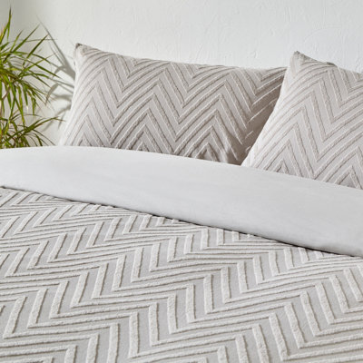 The Linen Yard Chevron Tuft Single Duvet Cover Set, Cotton, Stone
